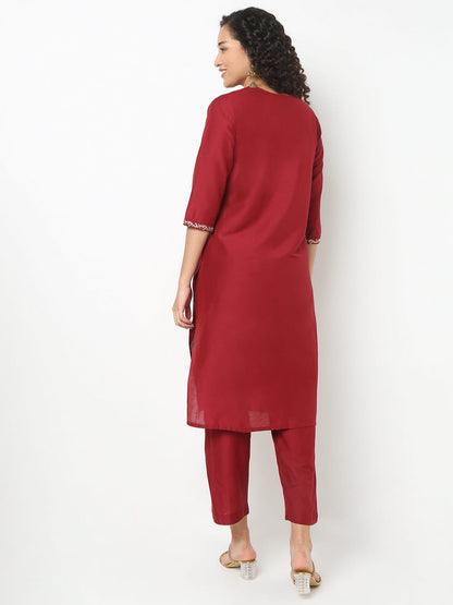 Straight Fit Embroidered V-Neck Kurta With Pant With Dupatta Set
