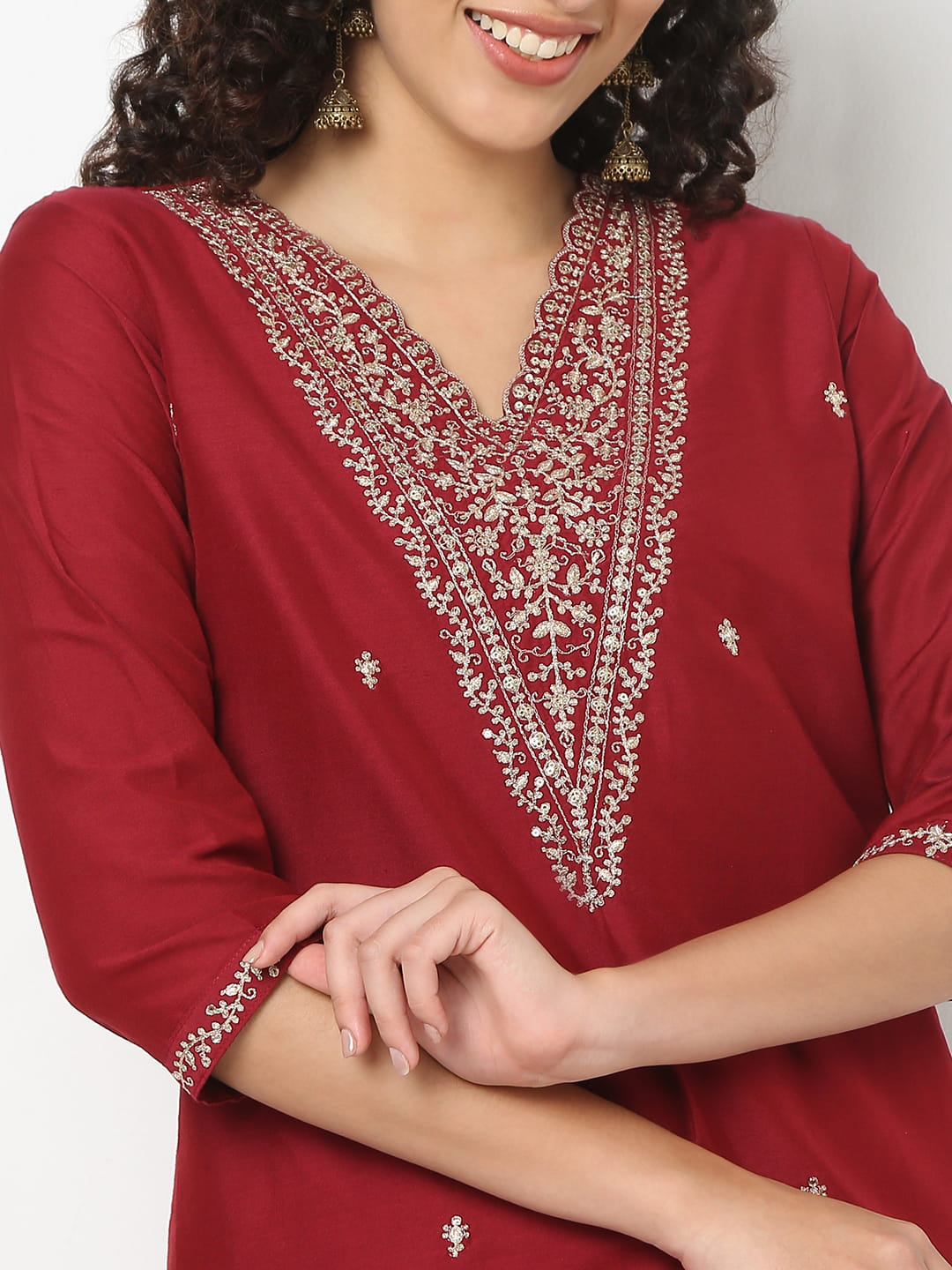 Straight Fit Embroidered V-Neck Kurta With Pant With Dupatta Set