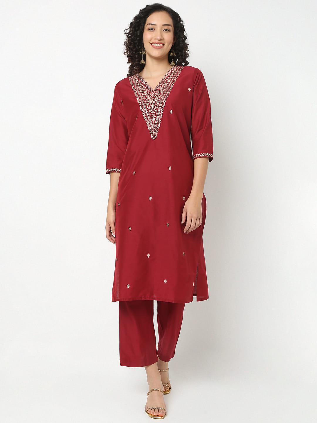 Straight Fit Embroidered V-Neck Kurta With Pant With Dupatta Set