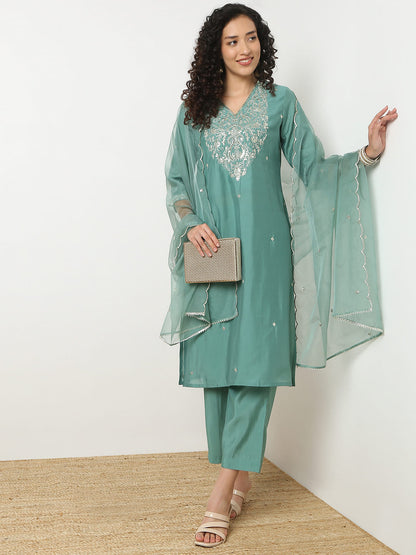 Straight Fit Embroidered V-Neck Kurta With Pant With Dupatta Set