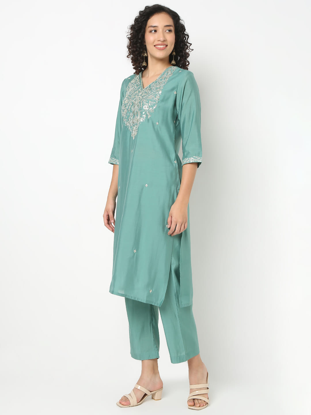 Straight Fit Embroidered V-Neck Kurta With Pant With Dupatta Set
