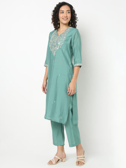 Straight Fit Embroidered V-Neck Kurta With Pant With Dupatta Set
