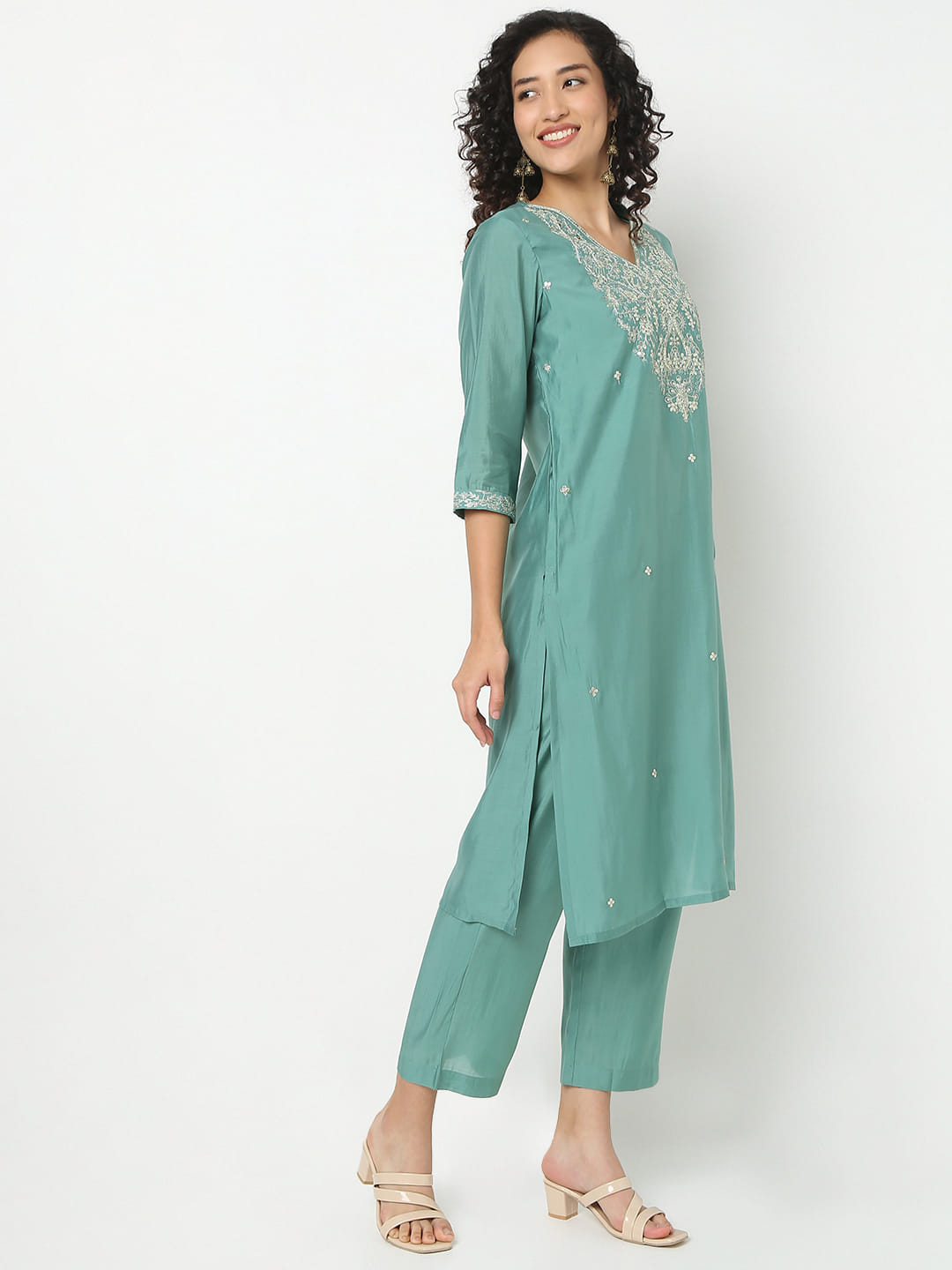 Straight Fit Embroidered V-Neck Kurta With Pant With Dupatta Set
