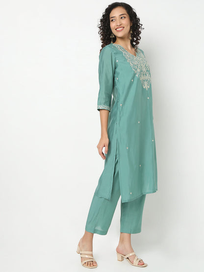 Straight Fit Embroidered V-Neck Kurta With Pant With Dupatta Set