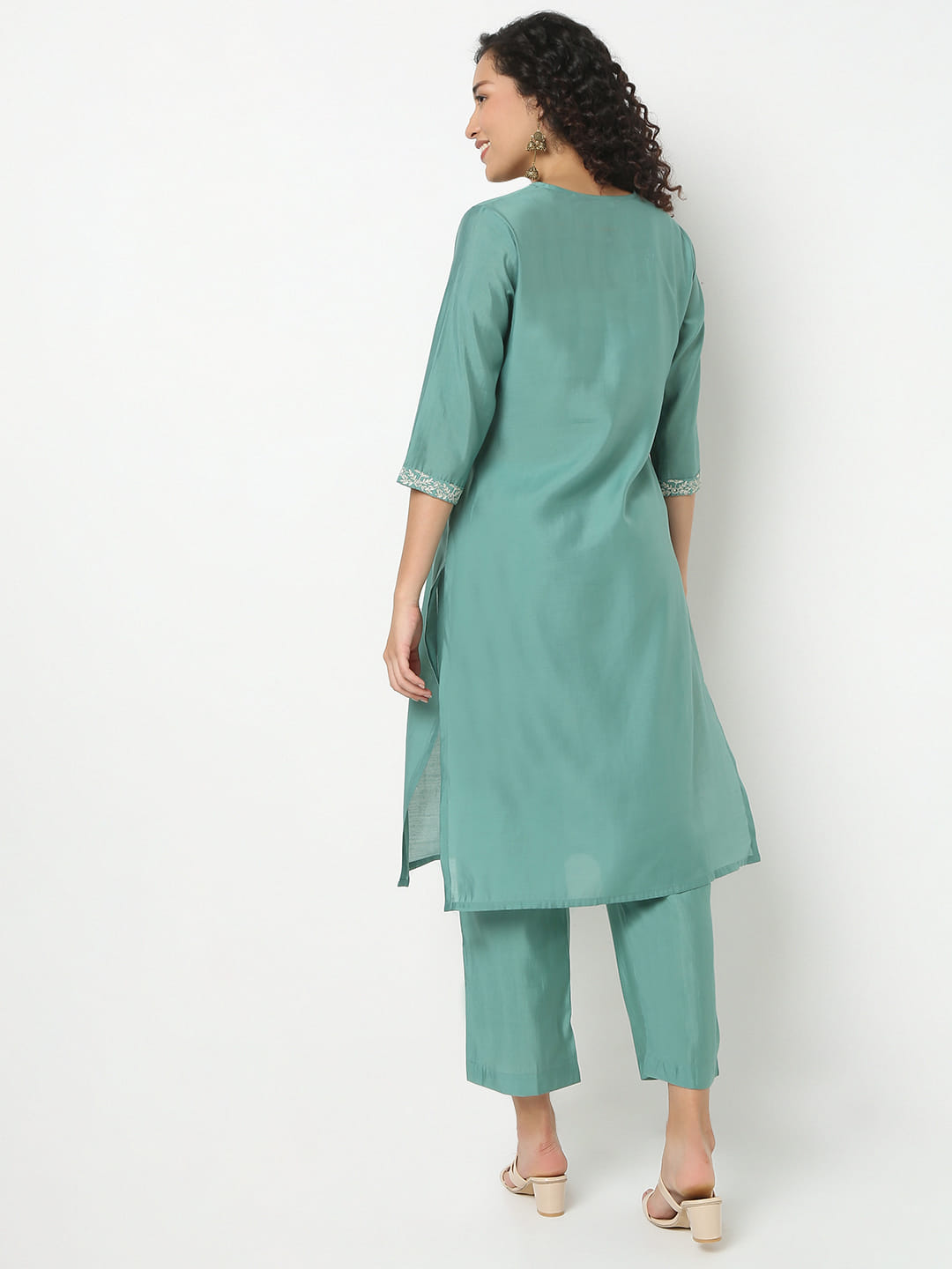 Straight Fit Embroidered V-Neck Kurta With Pant With Dupatta Set