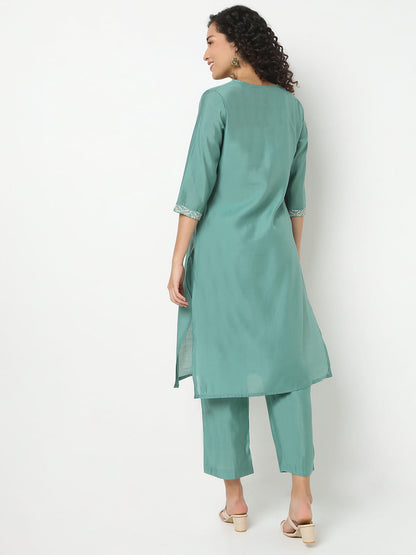 Straight Fit Embroidered V-Neck Kurta With Pant With Dupatta Set