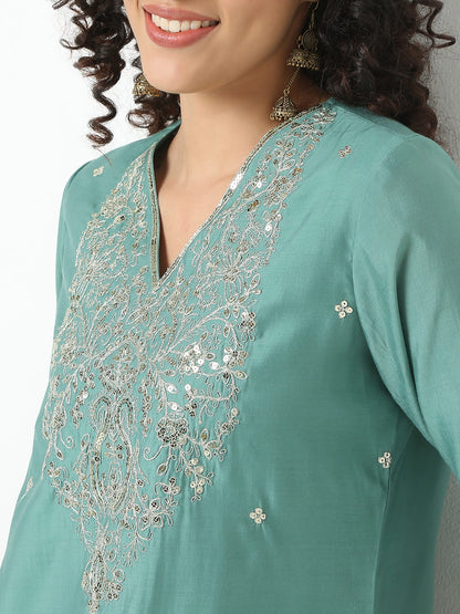 Straight Fit Embroidered V-Neck Kurta With Pant With Dupatta Set