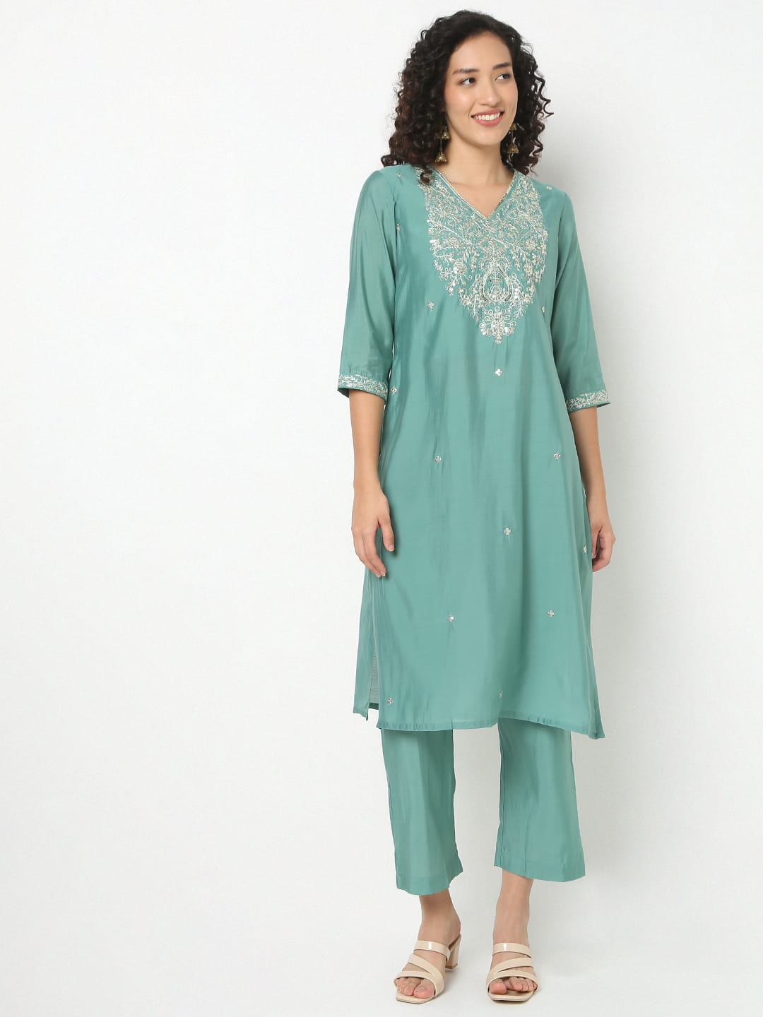Straight Fit Embroidered V-Neck Kurta With Pant With Dupatta Set