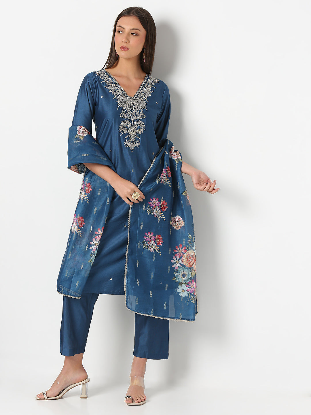 Regular Fit Embroidered Three-Fourth Sleeve Kurta and Pant with Dupatta Set