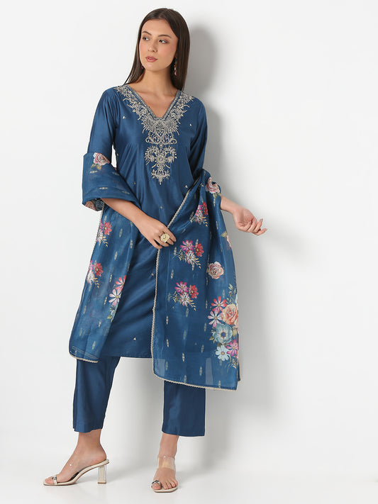 Regular Fit Embroidered Three-Fourth Sleeve Kurta and Pant with Dupatta Set