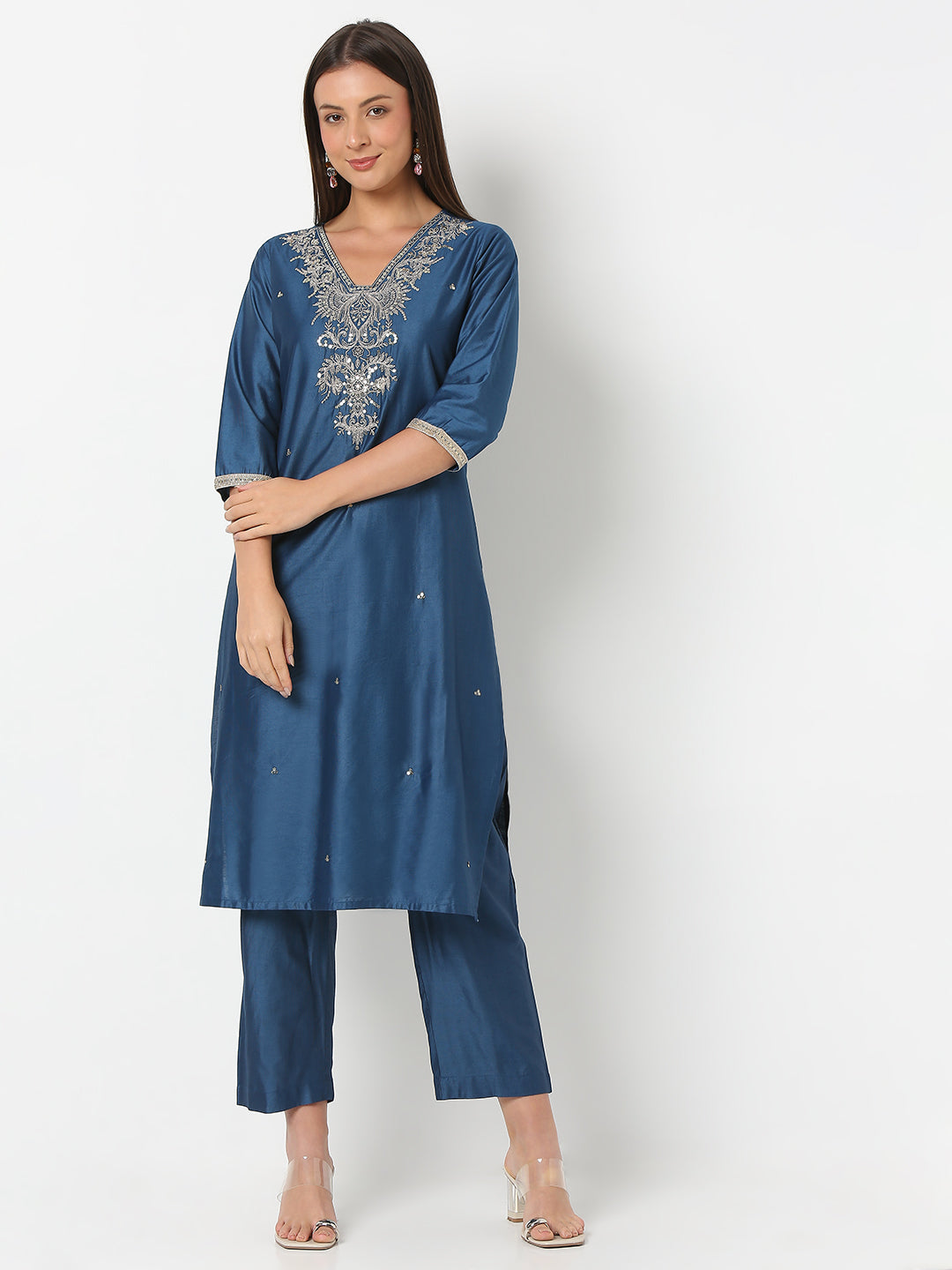 Regular Fit Embroidered Three-Fourth Sleeve Kurta and Pant with Dupatta Set
