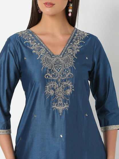 Regular Fit Embroidered Three-Fourth Sleeve Kurta and Pant with Dupatta Set