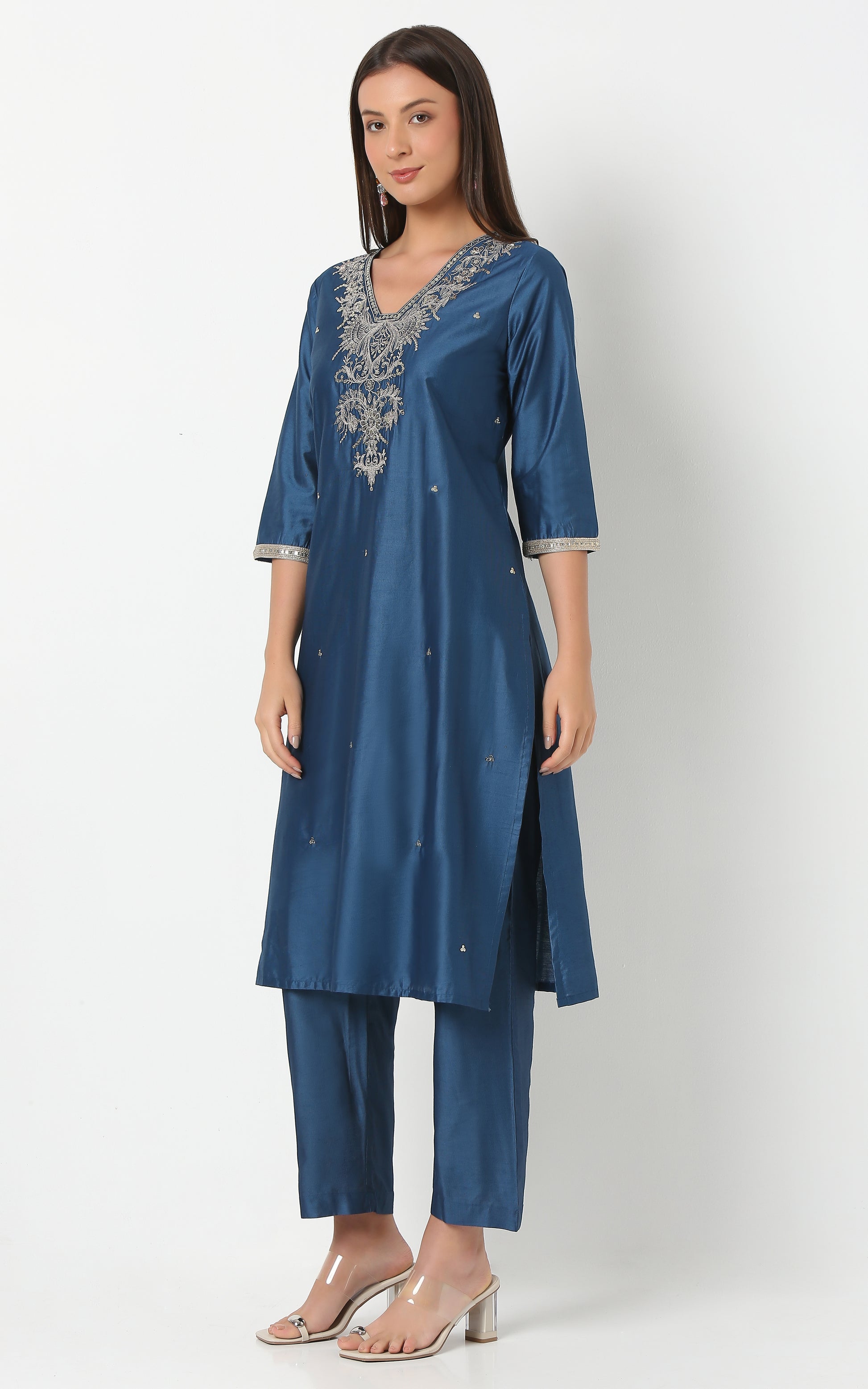 Regular Fit Embroidered Three-Fourth Sleeve Kurta and Pant with Dupatta Set