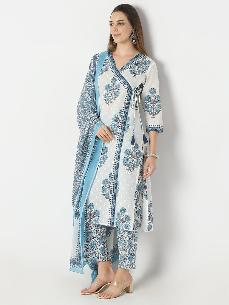 Straight Fit Printed V-Neck Kurta and Pant with Dupatta Set