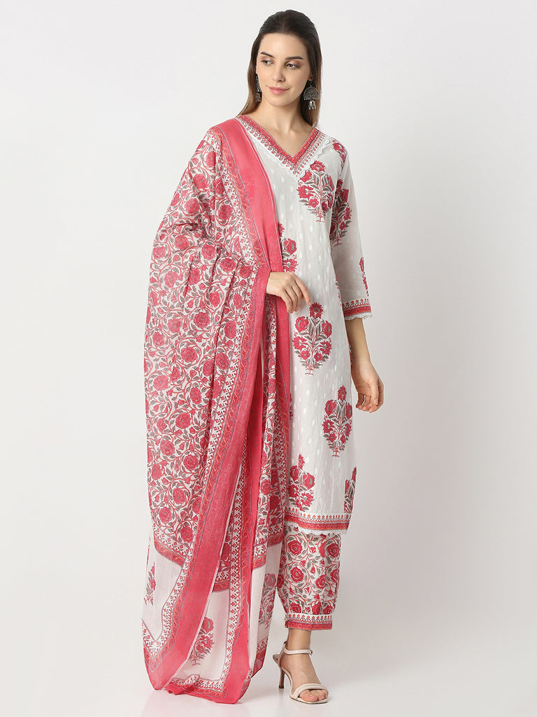 Straight Fit Printed V-Neck Kurta and Pant with Dupatta Set