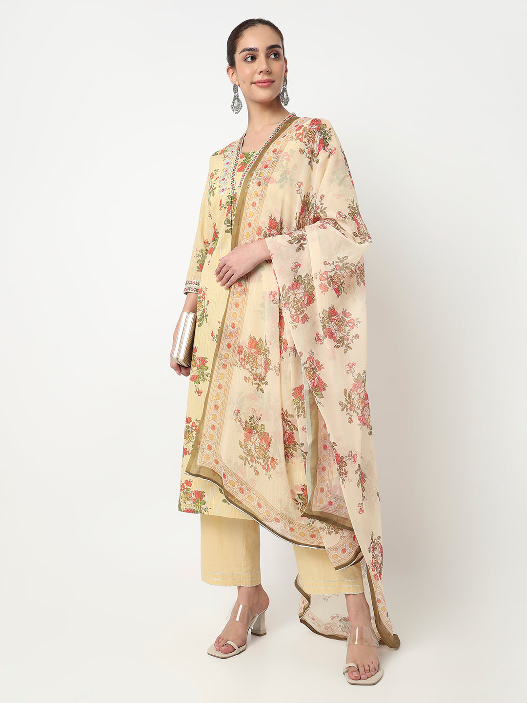 V-Neck Printed Straight Kurta and Pant with Dupatta Set
