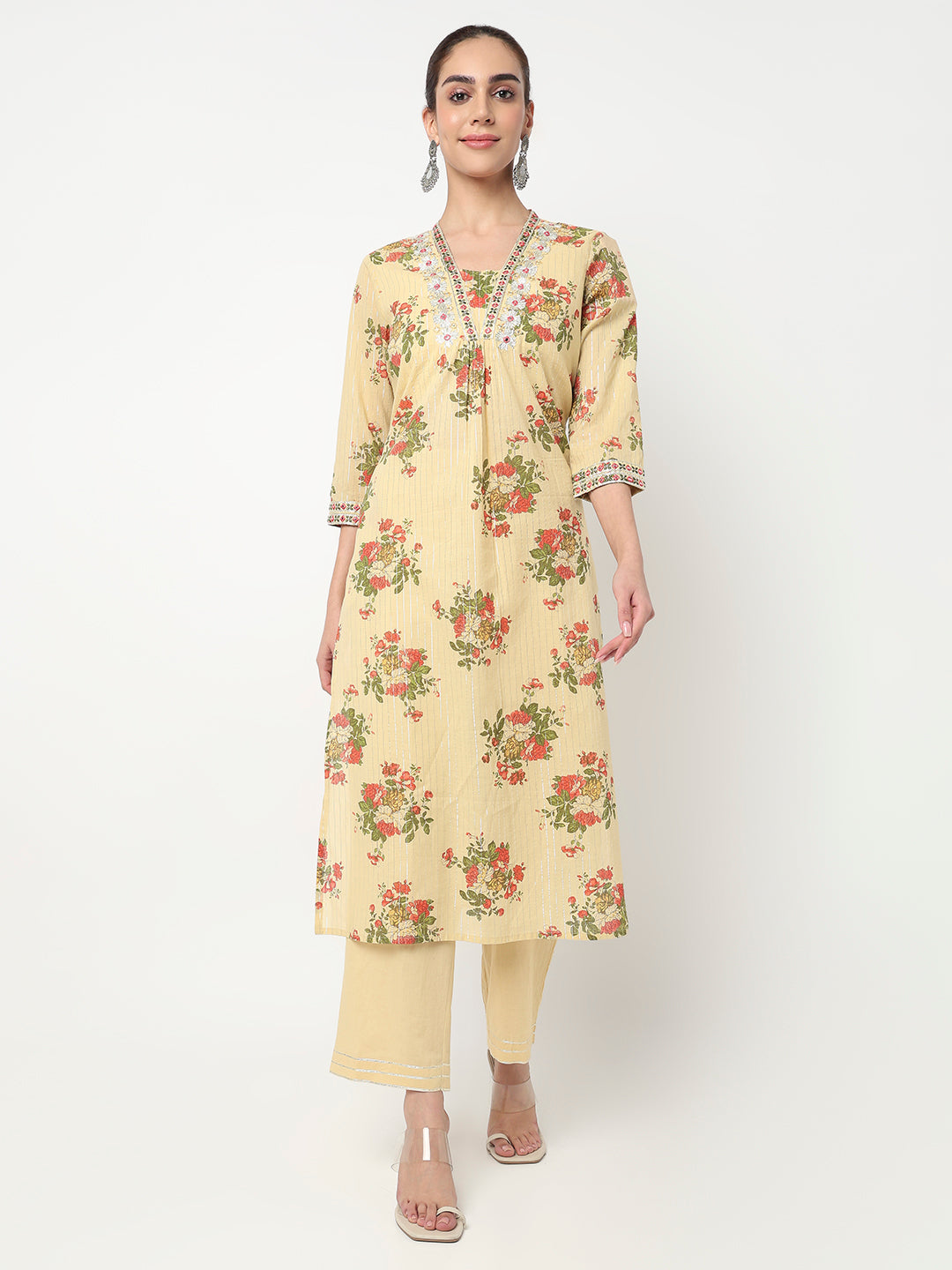 V-Neck Printed Straight Kurta and Pant with Dupatta Set