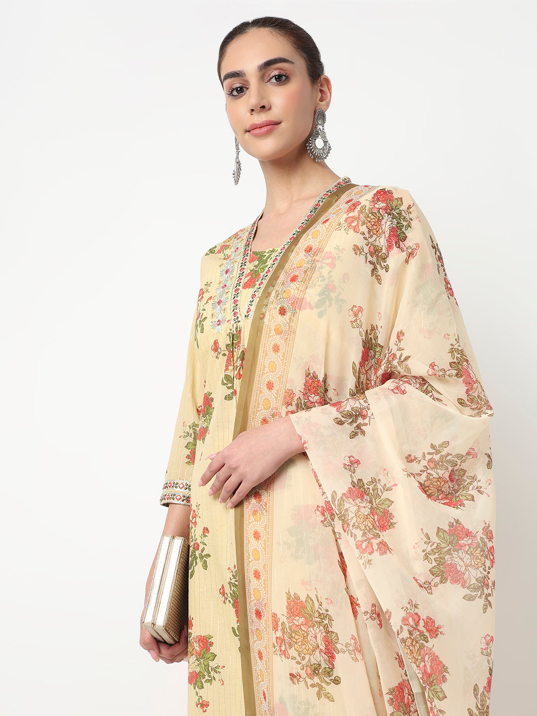 V-Neck Printed Straight Kurta and Pant with Dupatta Set