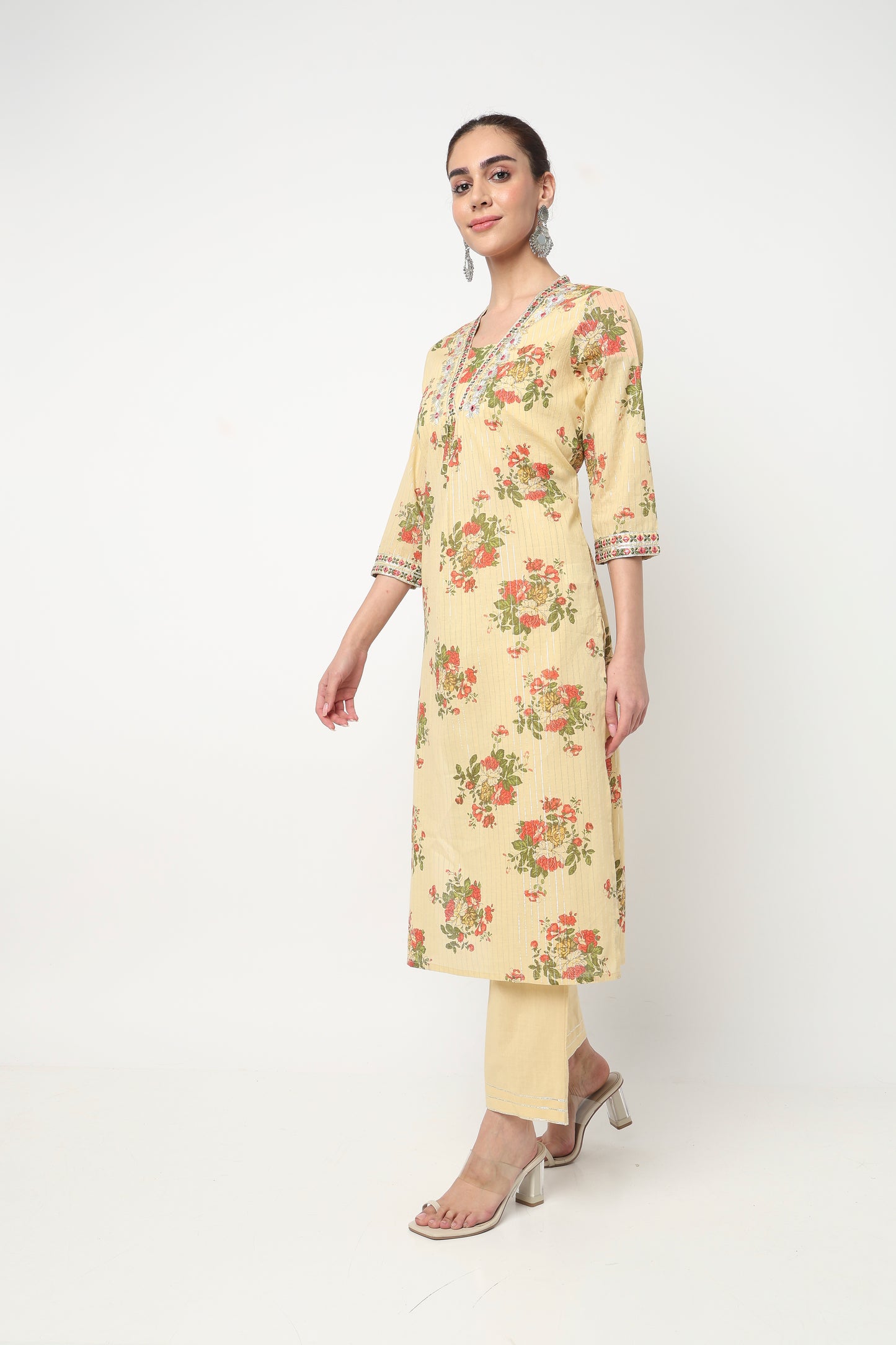 V-Neck Printed Straight Kurta and Pant with Dupatta Set
