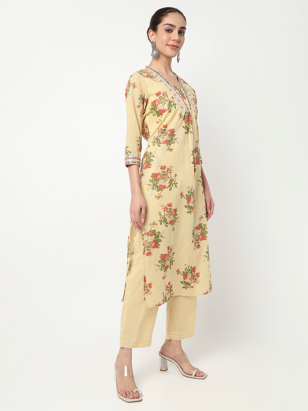 V-Neck Printed Straight Kurta and Pant with Dupatta Set