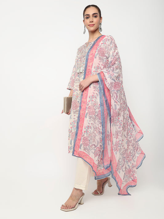 Embroidered Straight Kurta and Pant with Dupatta Set