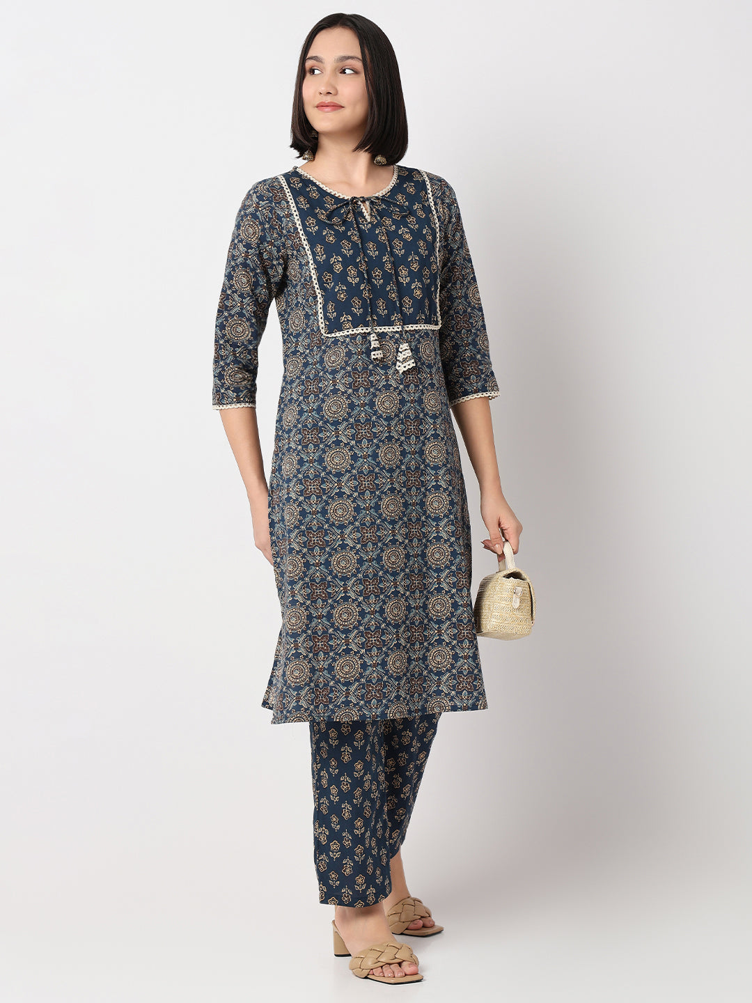 Straight Fit Printed Three-Fourth Sleeve Kurta with Pant Set