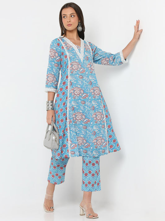 Flare Fit Printed Three-Fourth Sleeve Kurta with Pant Set