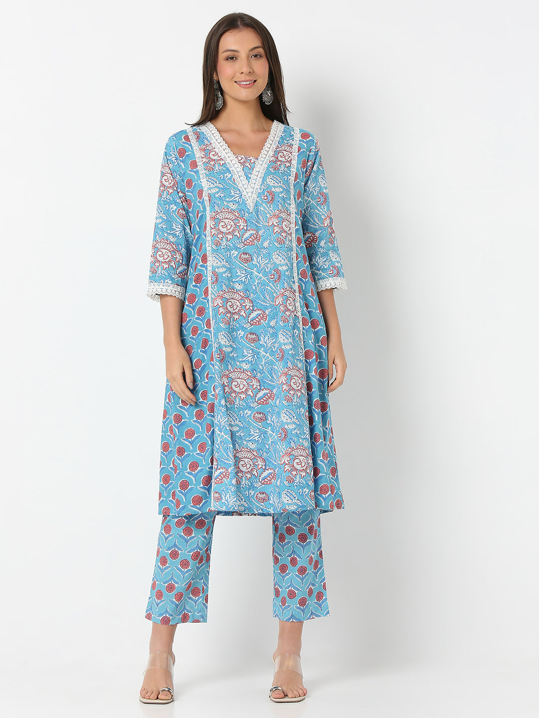 Flare Fit Printed Three-Fourth Sleeve Kurta with Pant Set