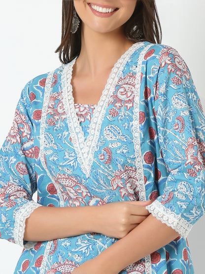 Flare Fit Printed Three-Fourth Sleeve Kurta with Pant Set