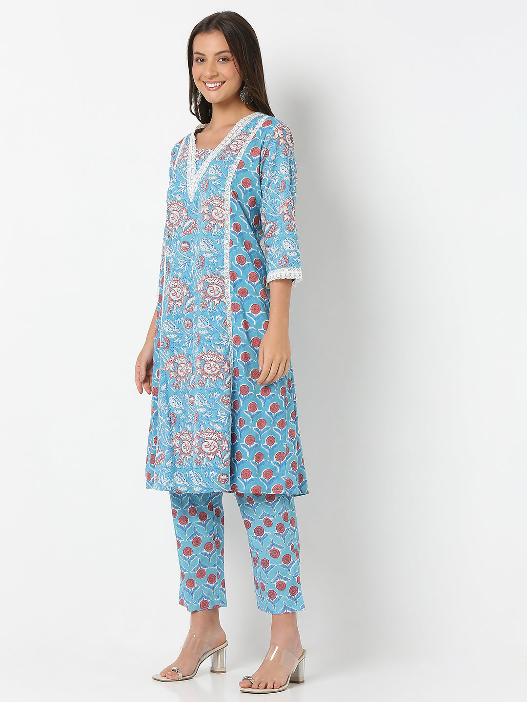 Flare Fit Printed Three-Fourth Sleeve Kurta with Pant Set