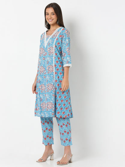 Flare Fit Printed Three-Fourth Sleeve Kurta with Pant Set
