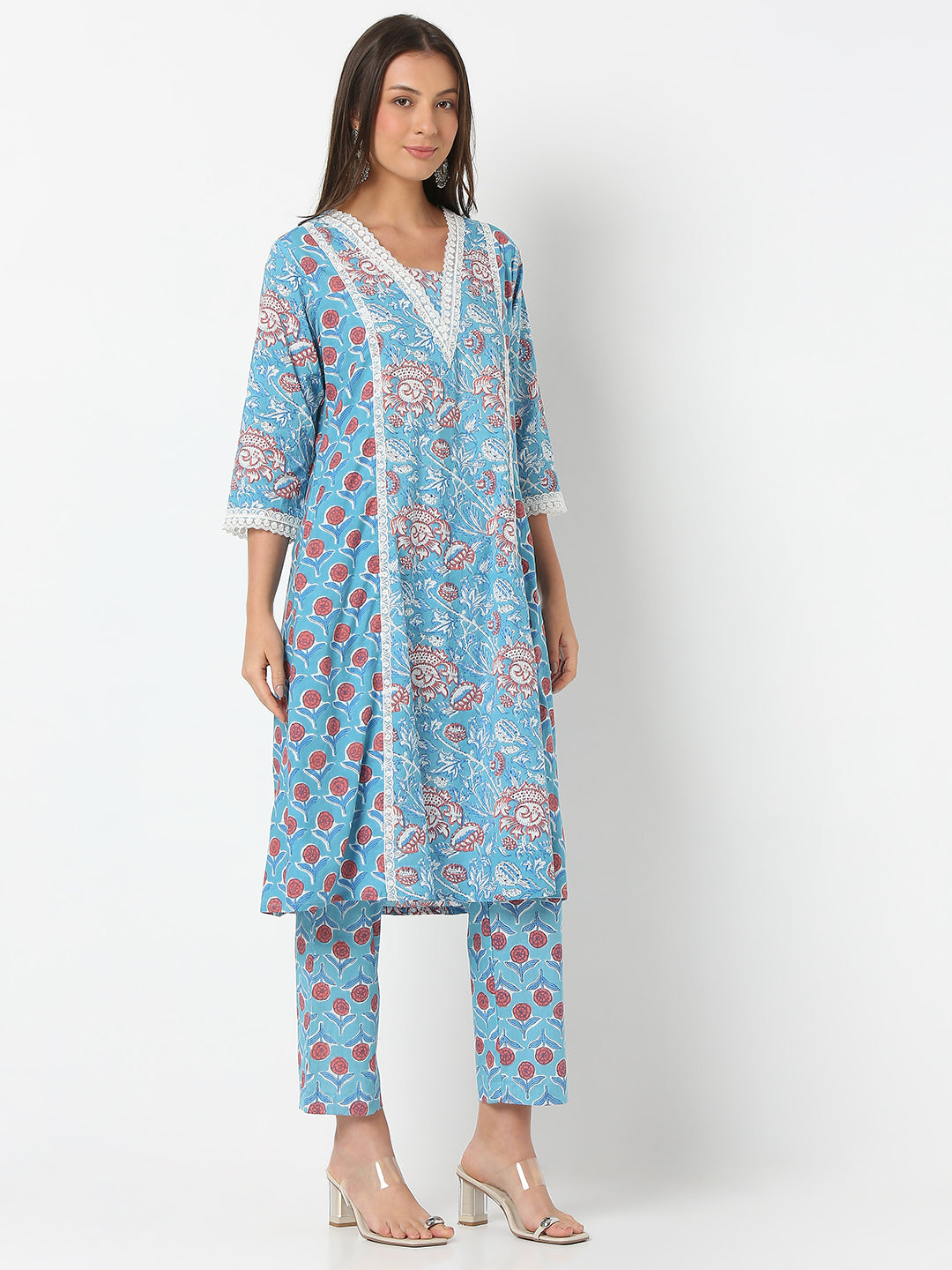 Flare Fit Printed Three-Fourth Sleeve Kurta with Pant Set