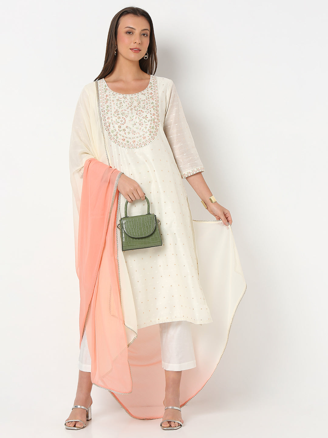 Flare Fit Embroidered Three-Fourth Sleeve Kurta and Pant with Dupatta Set