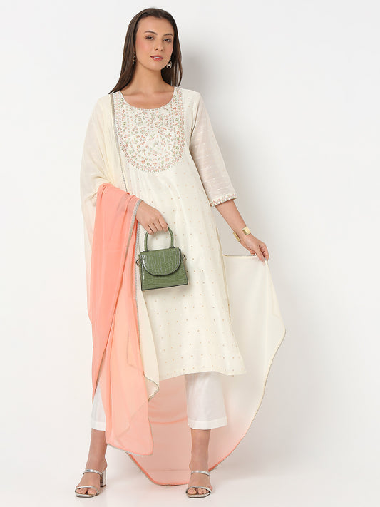 Flare Fit Embroidered Three-Fourth Sleeve Kurta and Pant with Dupatta Set