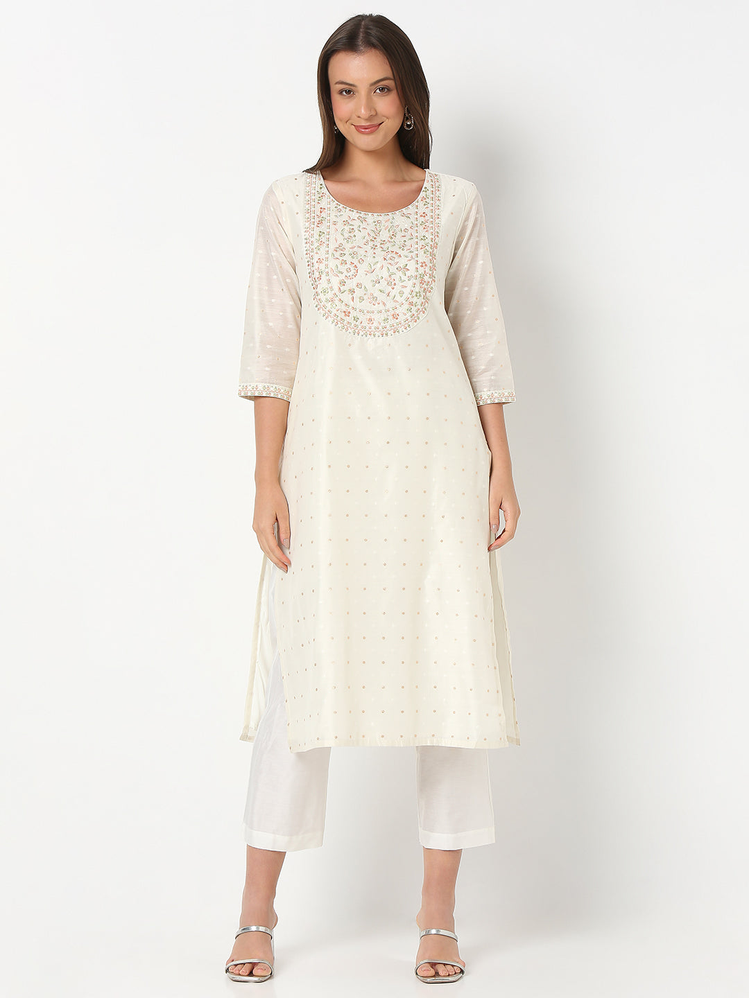 Flare Fit Embroidered Three-Fourth Sleeve Kurta and Pant with Dupatta Set