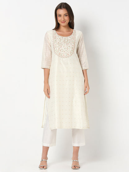 Flare Fit Embroidered Three-Fourth Sleeve Kurta and Pant with Dupatta Set