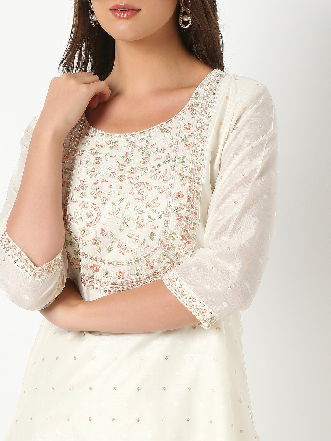 Flare Fit Embroidered Three-Fourth Sleeve Kurta and Pant with Dupatta Set