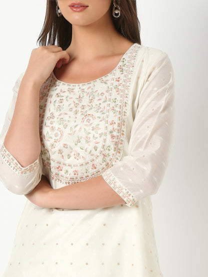 Flare Fit Embroidered Three-Fourth Sleeve Kurta and Pant with Dupatta Set
