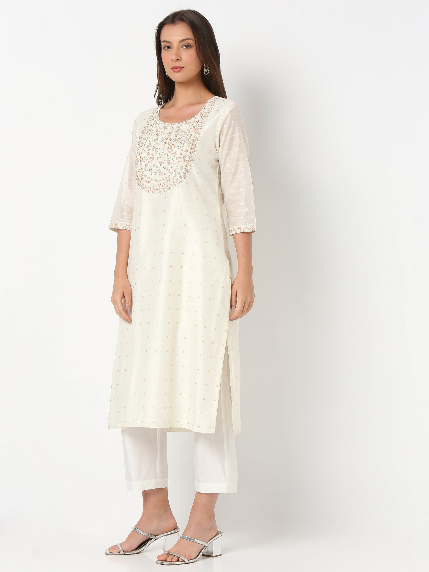 Flare Fit Embroidered Three-Fourth Sleeve Kurta and Pant with Dupatta Set