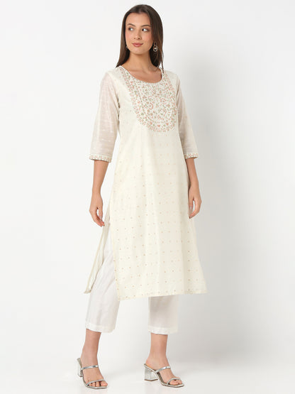 Flare Fit Embroidered Three-Fourth Sleeve Kurta and Pant with Dupatta Set