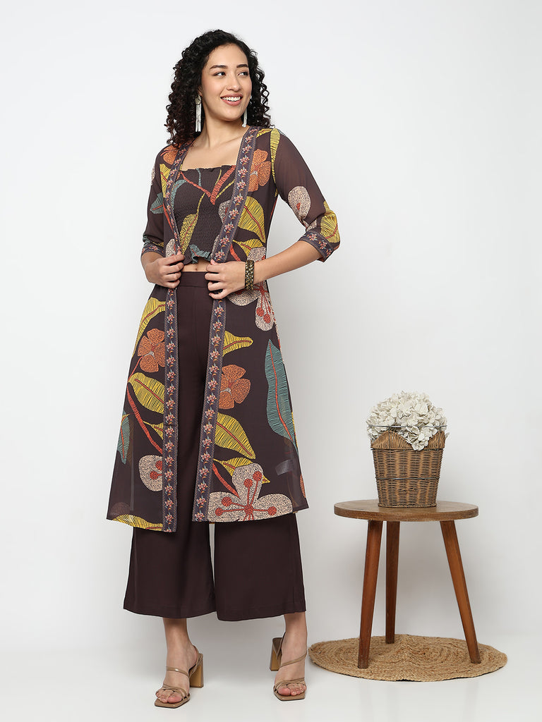 Printed Fusion Crop Top and Palazzo with Jacket Set