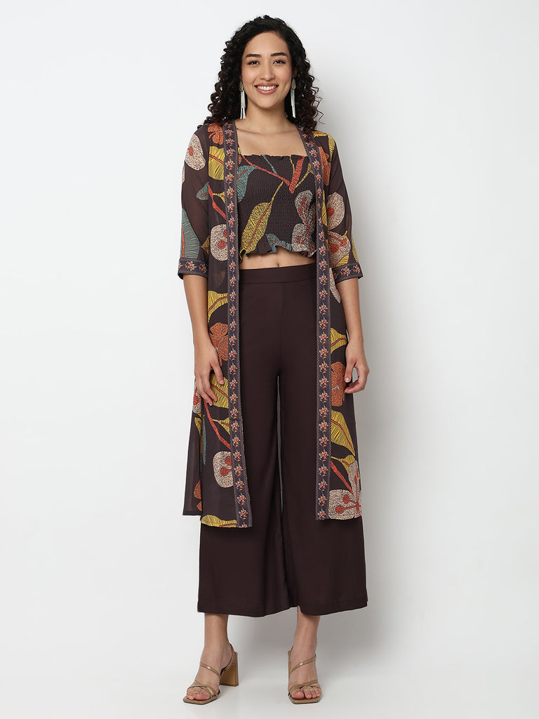 Printed Fusion Crop Top and Palazzo with Jacket Set