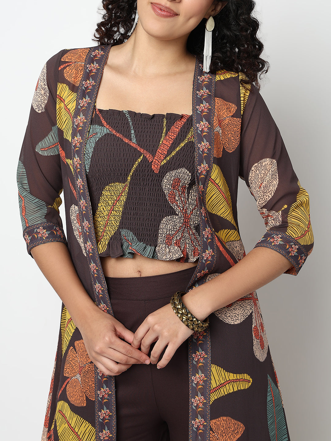 Printed Fusion Crop Top and Palazzo with Jacket Set