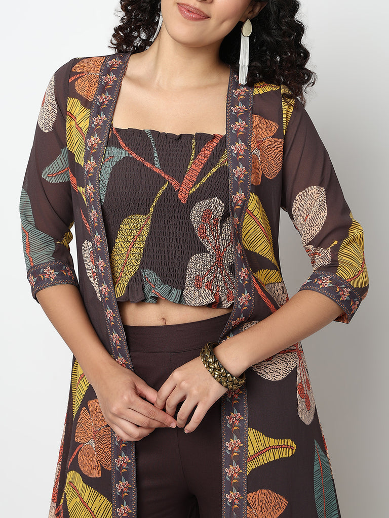 Printed Fusion Crop Top and Palazzo with Jacket Set