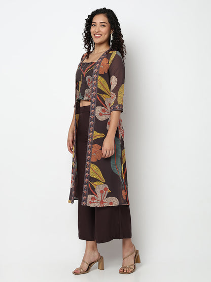 Printed Fusion Crop Top and Palazzo with Jacket Set