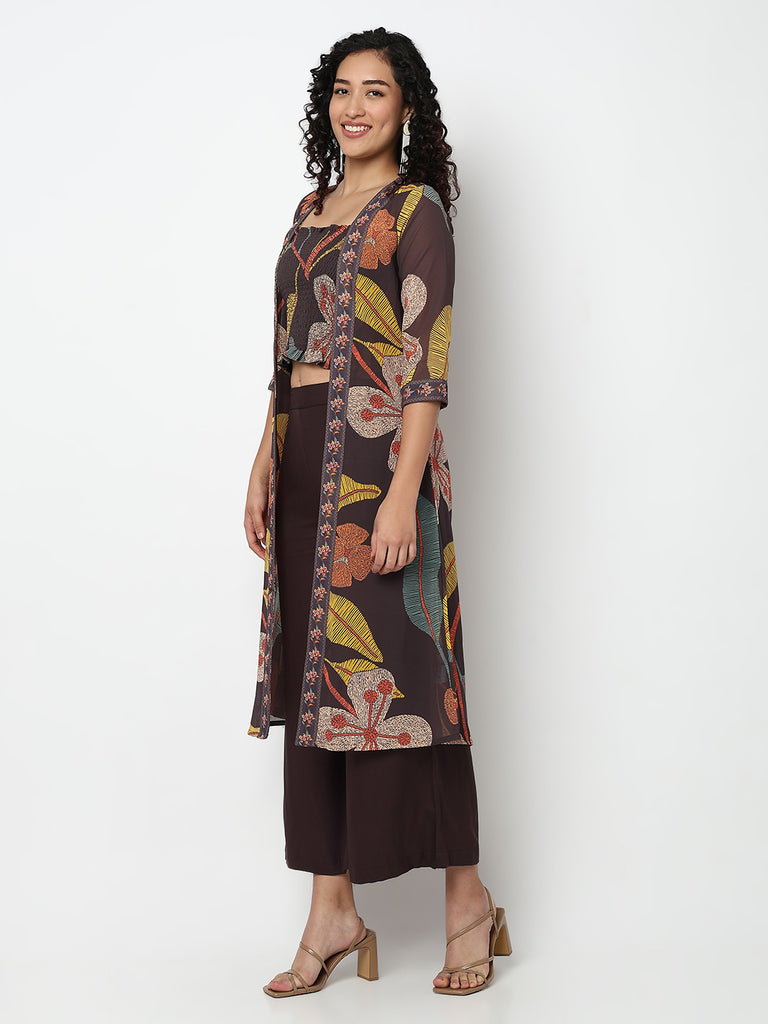 Printed Fusion Crop Top and Palazzo with Jacket Set