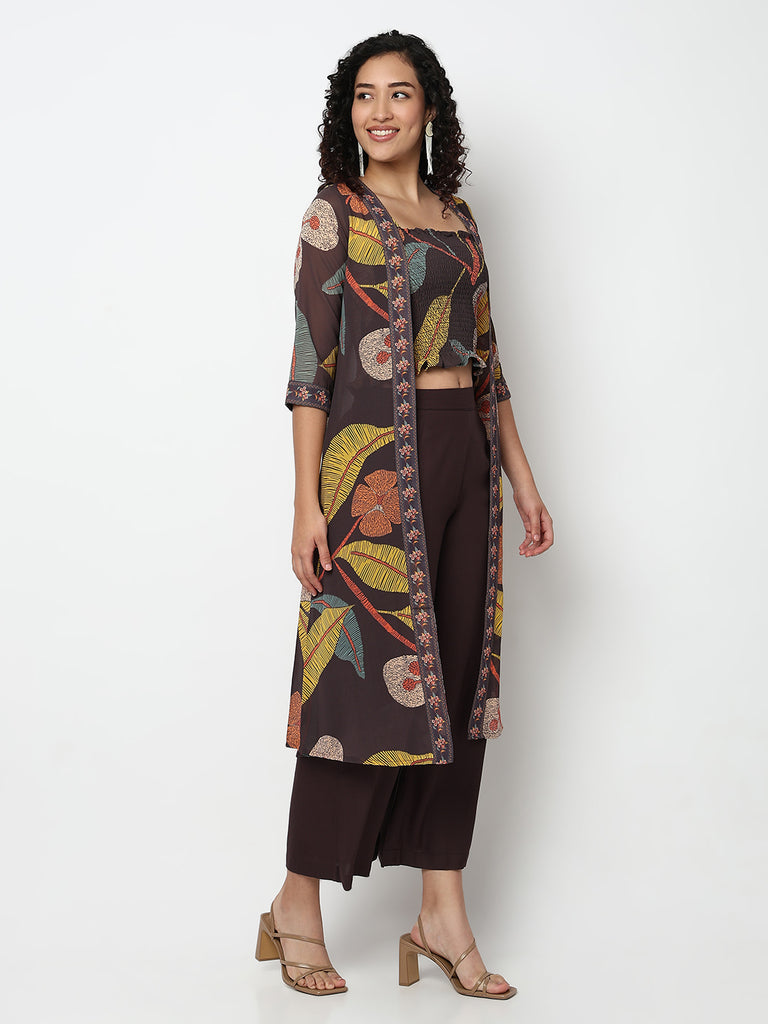 Printed Fusion Crop Top and Palazzo with Jacket Set