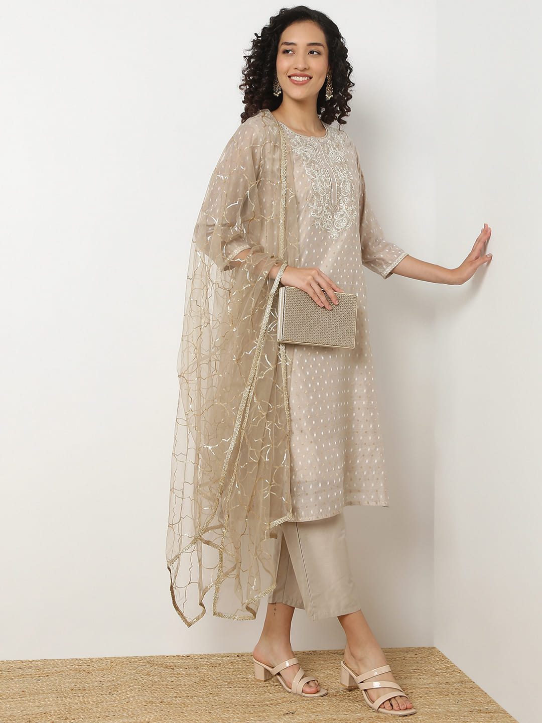Straight Fit Embroidered Round Neck Kurta With Pant With Dupatta Set