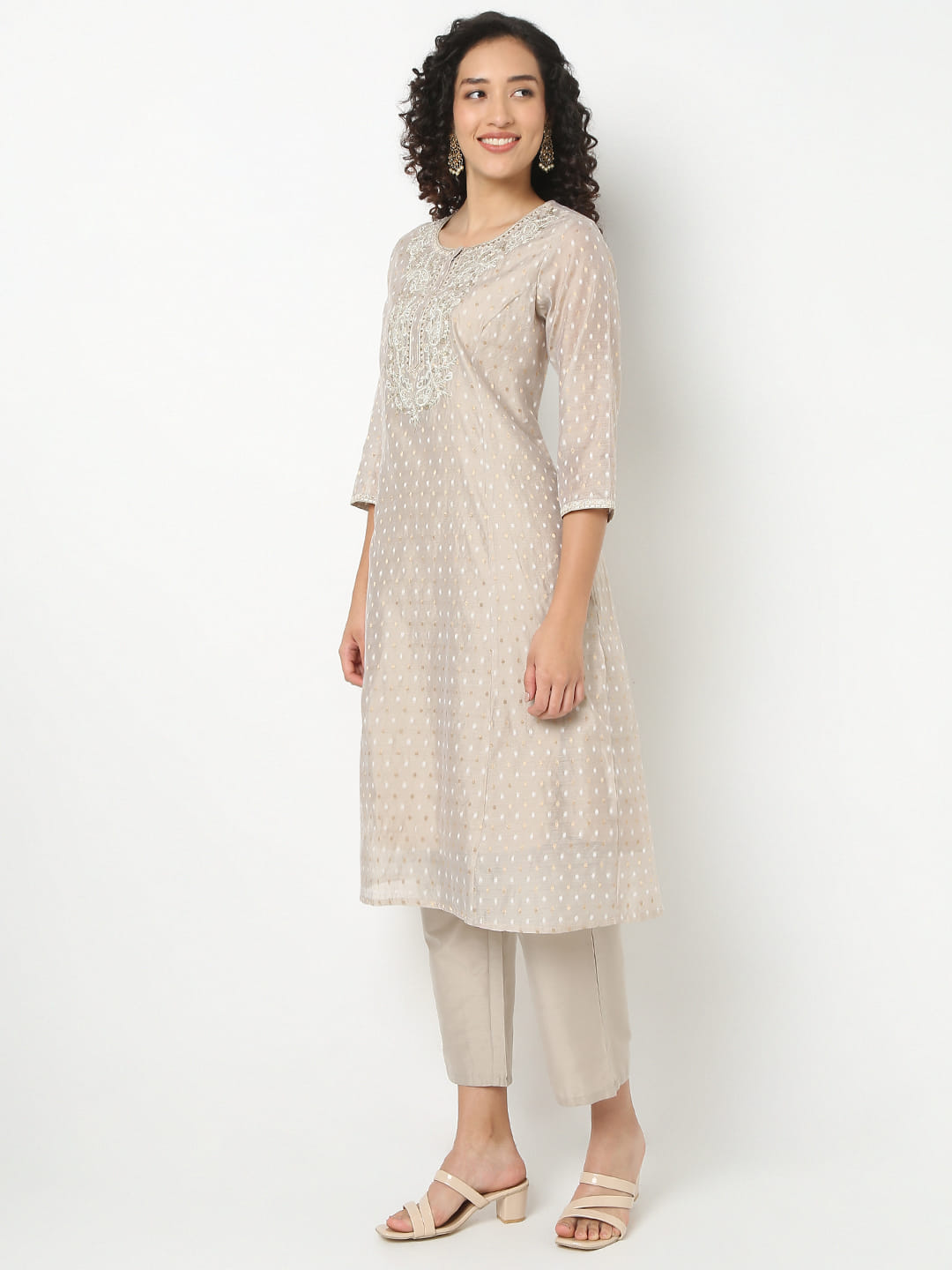 Straight Fit Embroidered Round Neck Kurta With Pant With Dupatta Set