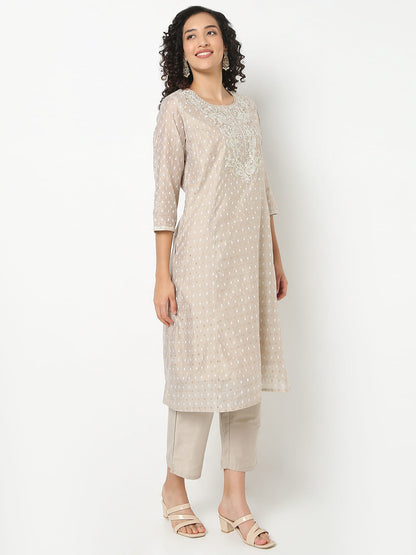 Straight Fit Embroidered Round Neck Kurta With Pant With Dupatta Set